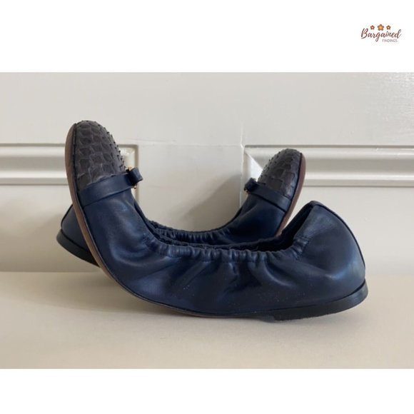 Authentic Louis Vuitton Navy Leather Reptile Toe Bow Scrunch Ballet Flats 37/7 - Picture 10 of 13